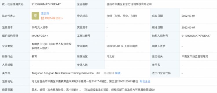 新东方唐山成立美术编程培训学校公司，投资比例100%