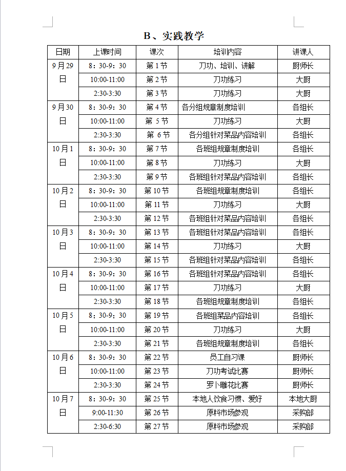 「厨政」餐厅厨房部员工培训计划