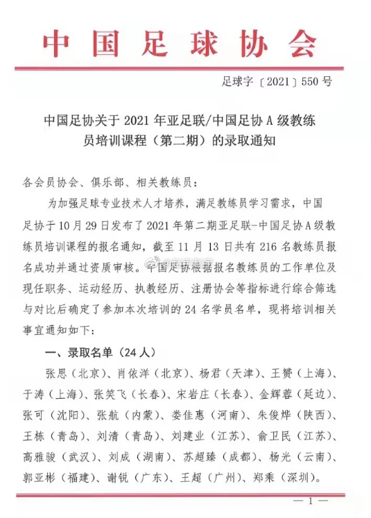 足协公布A级教练员培训名单：刘建业王赟在列，徐亮哭诉自己落选
