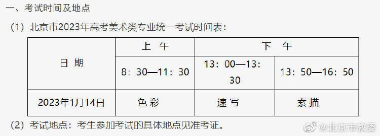 北京2023年高考美术专业统考明年1月14日举行
