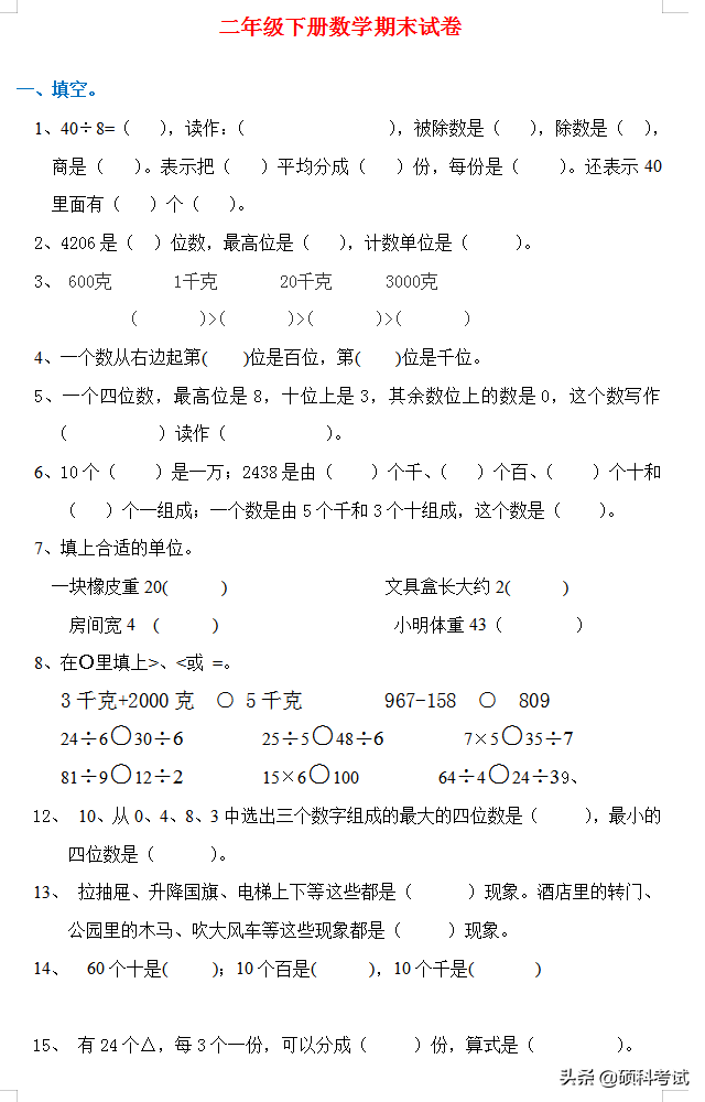 二年级下册（人教）数学期末复习卷，用心复习，胜过报读培训班