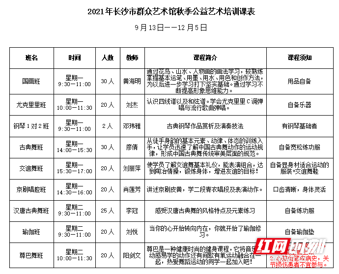 长沙市群众艺术馆即将启动2021年秋季公益艺术培训招生