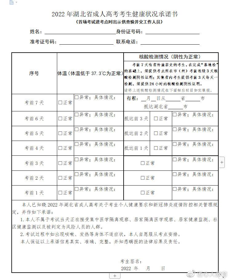 注意：2022年湖北成人高考考前须知