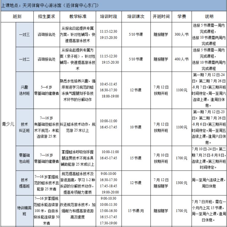 广州天河体育中心2021青少年暑期培训班招生啦!