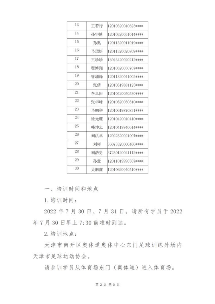 关于天津足协2022年第一期三级足球裁判员培训班录取名单公示及缴费通知