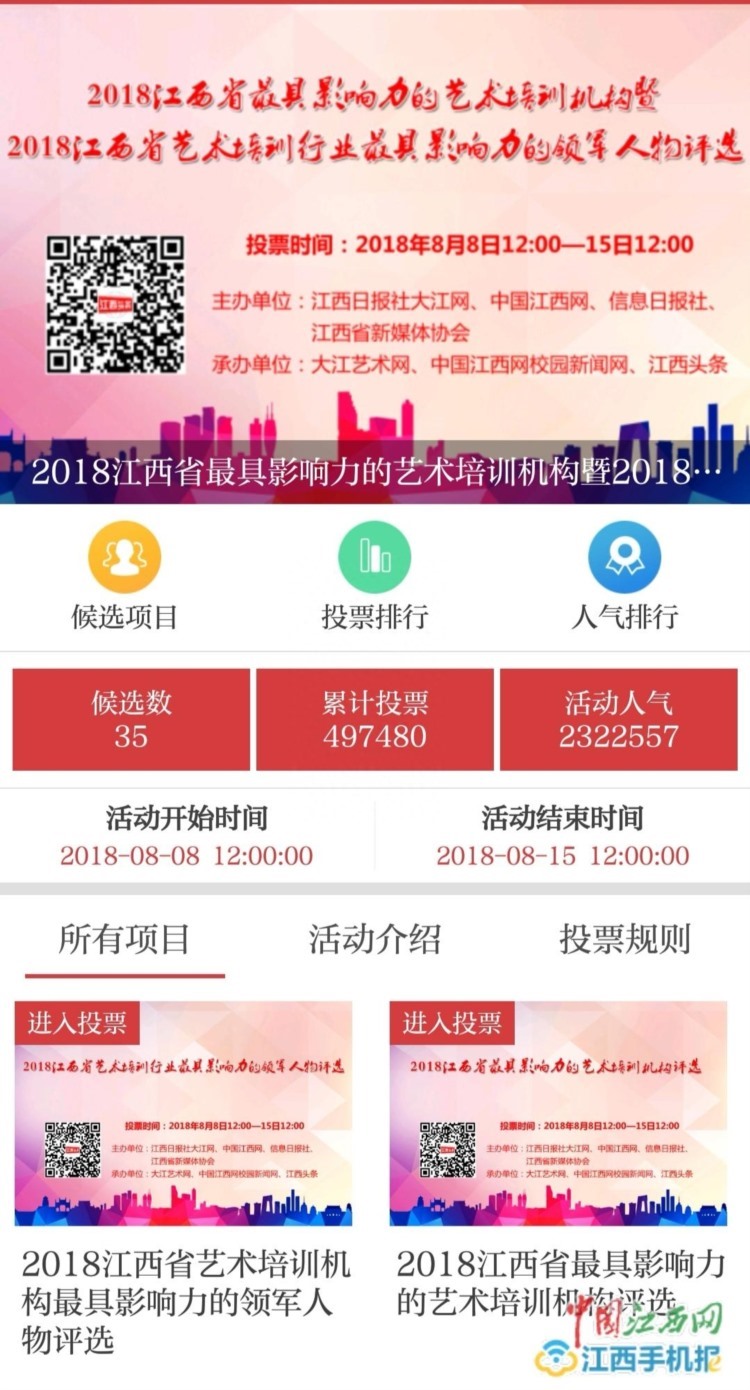 “2018江西省最具影响力的艺术培训机构暨艺术培训行业领军人物”网络投票环节结束